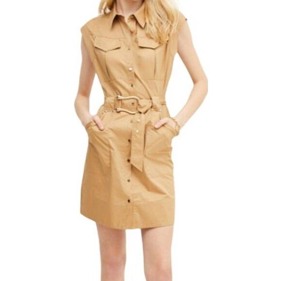 Karen Millen Cotton Sateen Woven Mini Shirt Dress Belted Button Front Camel 2 - Picture 1 of 7